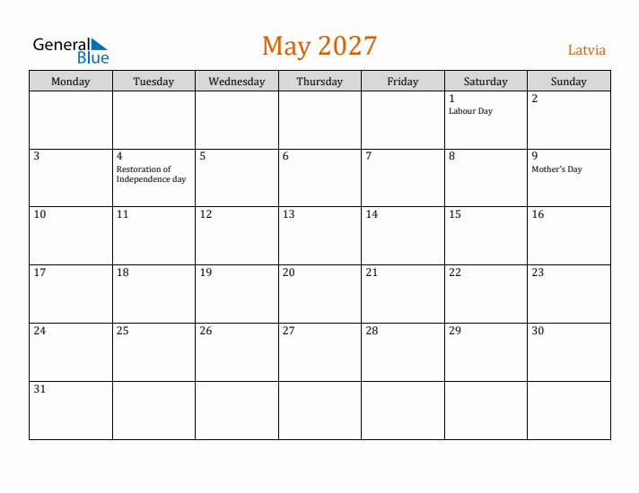 May 2027 Holiday Calendar with Monday Start