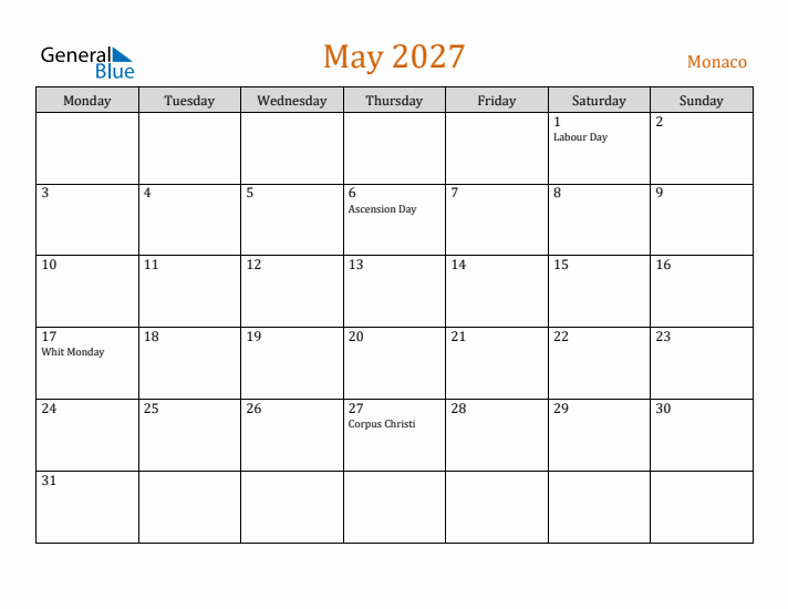 May 2027 Holiday Calendar with Monday Start