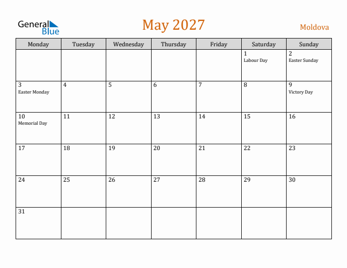 May 2027 Holiday Calendar with Monday Start