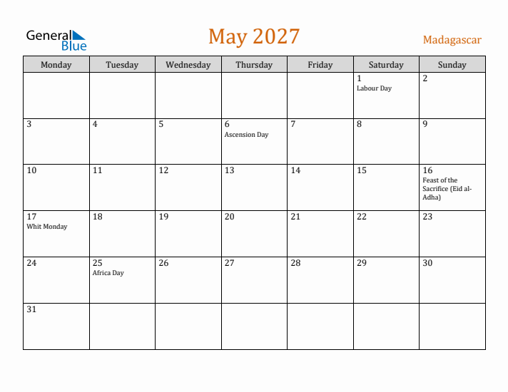 May 2027 Holiday Calendar with Monday Start