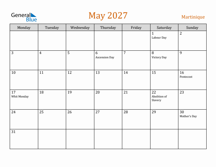 May 2027 Holiday Calendar with Monday Start