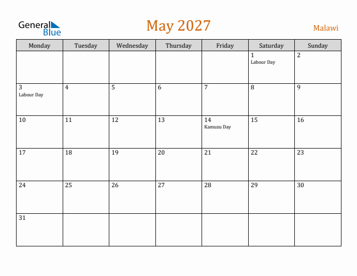 May 2027 Holiday Calendar with Monday Start