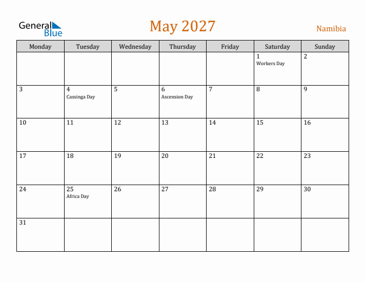 May 2027 Holiday Calendar with Monday Start