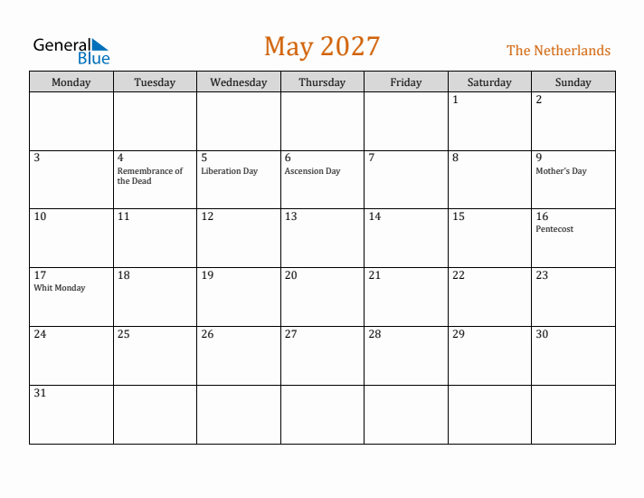 May 2027 Holiday Calendar with Monday Start