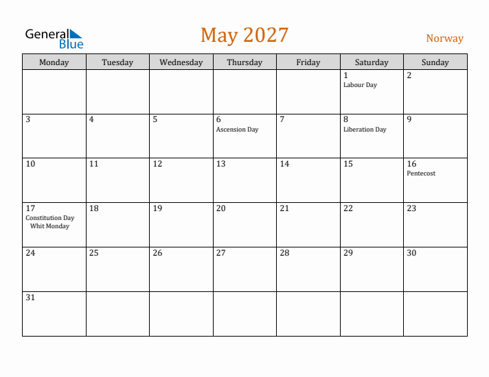 May 2027 Holiday Calendar with Monday Start