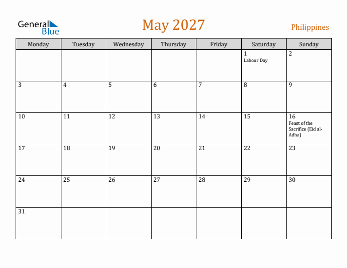 May 2027 Holiday Calendar with Monday Start