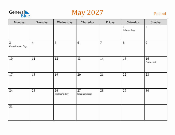 May 2027 Holiday Calendar with Monday Start