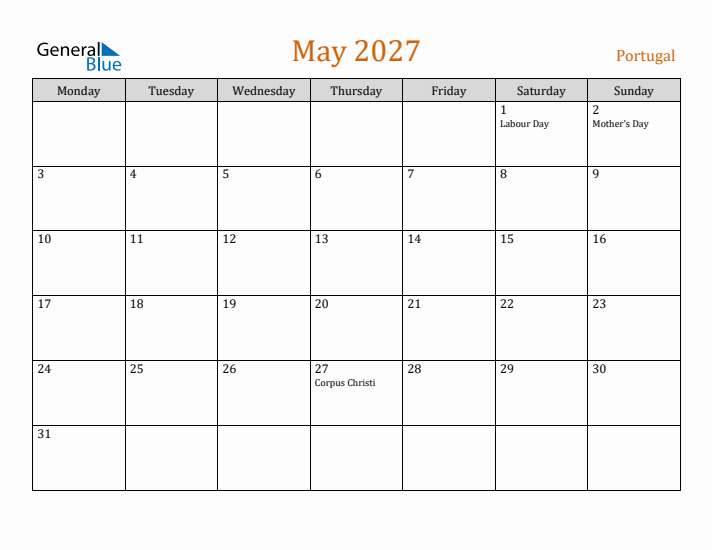 May 2027 Holiday Calendar with Monday Start