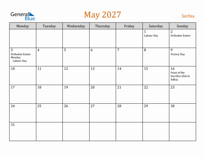 May 2027 Holiday Calendar with Monday Start