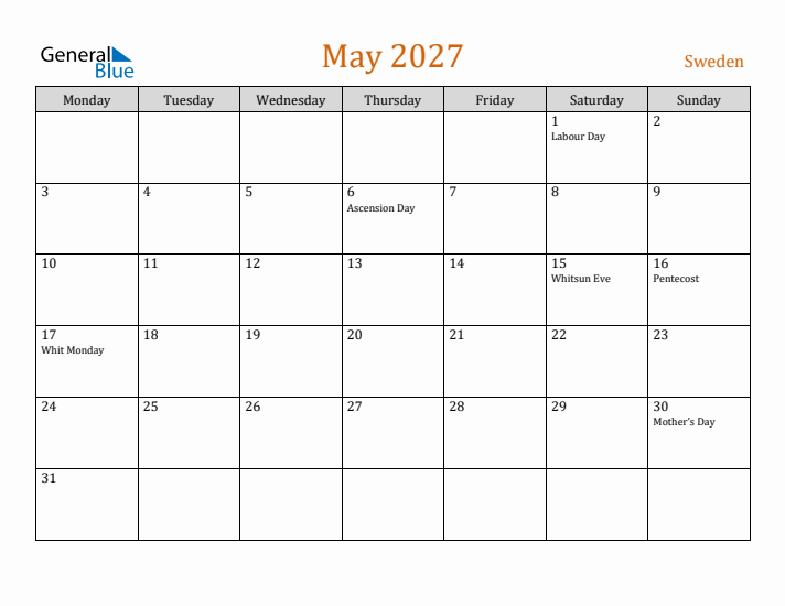 May 2027 Holiday Calendar with Monday Start