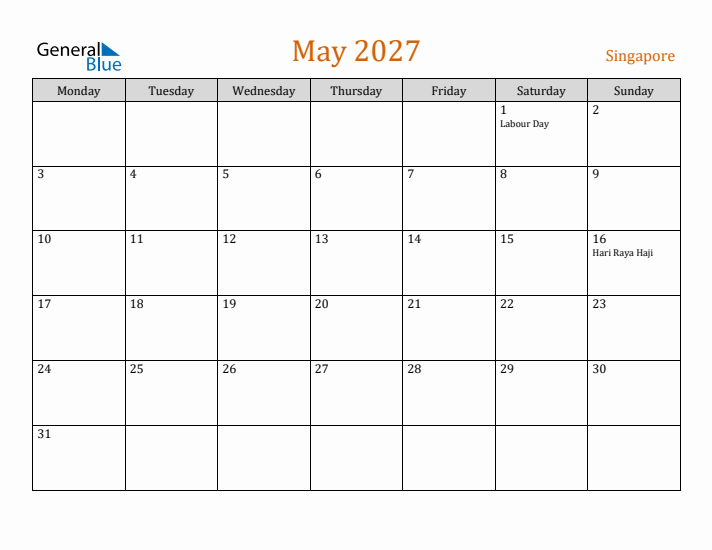 May 2027 Holiday Calendar with Monday Start