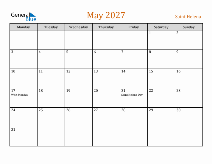 May 2027 Holiday Calendar with Monday Start