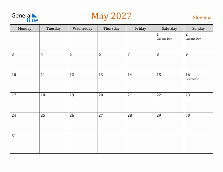 May 2027 Holiday Calendar with Monday Start