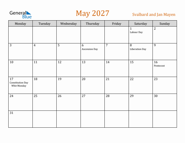 May 2027 Holiday Calendar with Monday Start