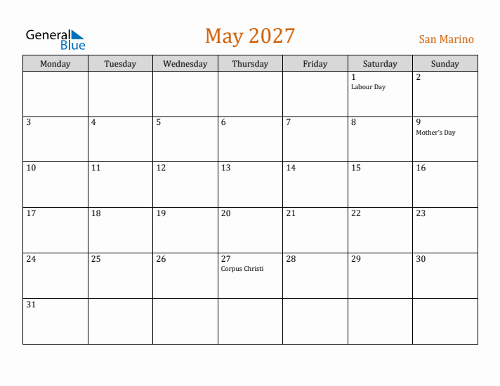 May 2027 Holiday Calendar with Monday Start