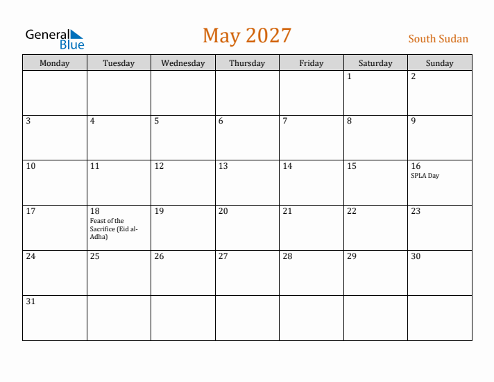 May 2027 Holiday Calendar with Monday Start