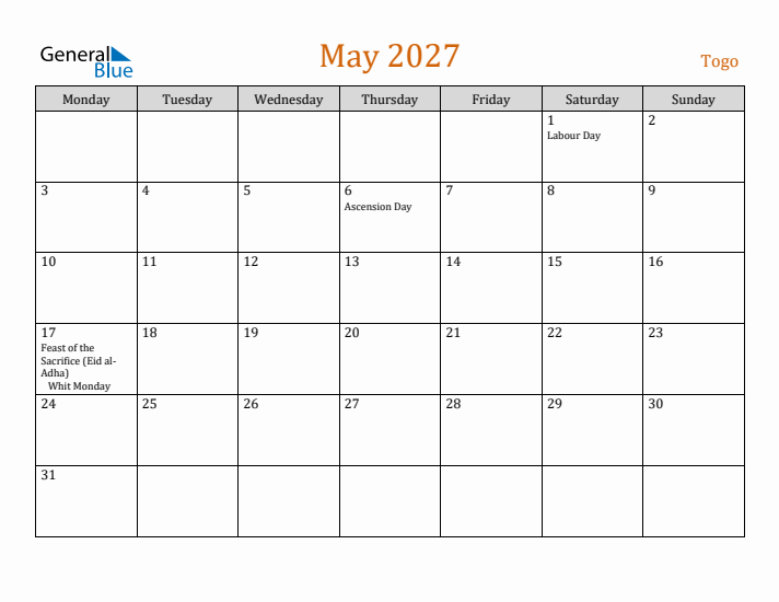 May 2027 Holiday Calendar with Monday Start