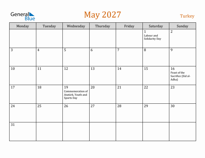 May 2027 Holiday Calendar with Monday Start