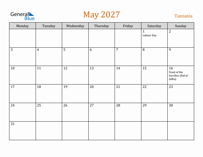 May 2027 Holiday Calendar with Monday Start