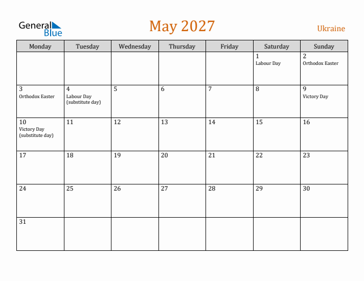 May 2027 Holiday Calendar with Monday Start