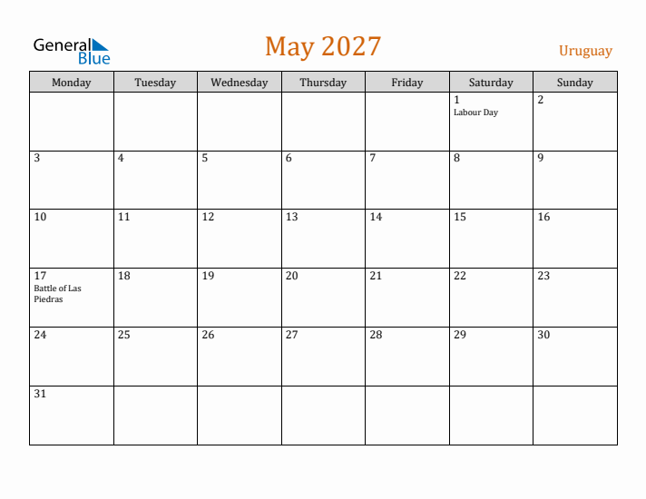 May 2027 Holiday Calendar with Monday Start