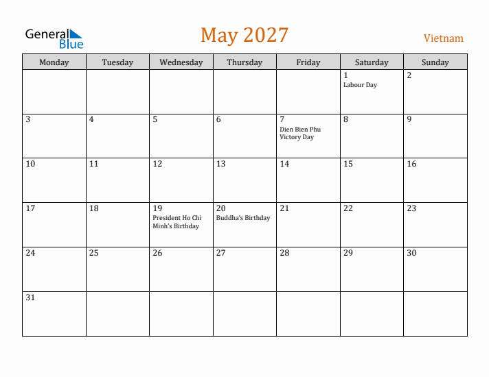 May 2027 Holiday Calendar with Monday Start