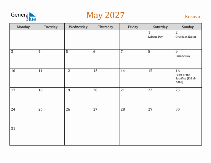 May 2027 Holiday Calendar with Monday Start