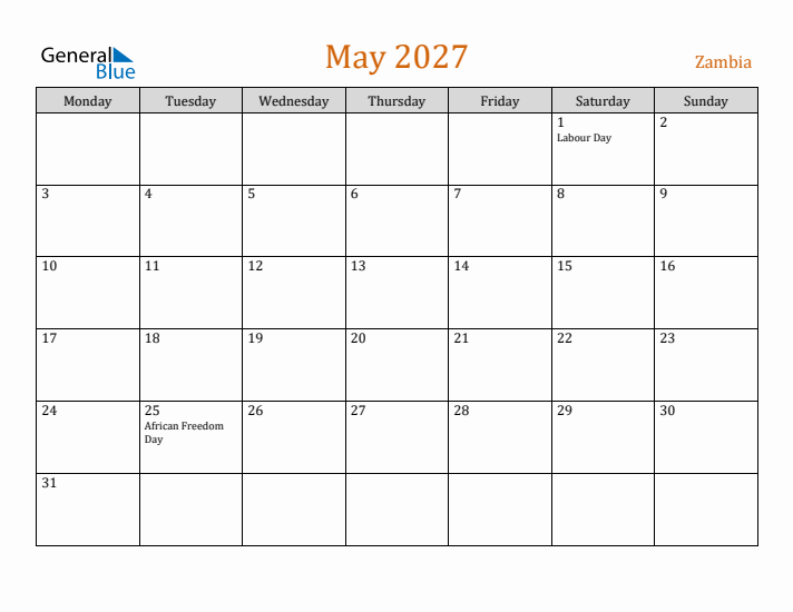 May 2027 Holiday Calendar with Monday Start