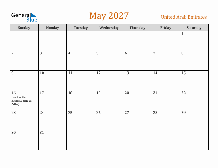 May 2027 Holiday Calendar with Sunday Start