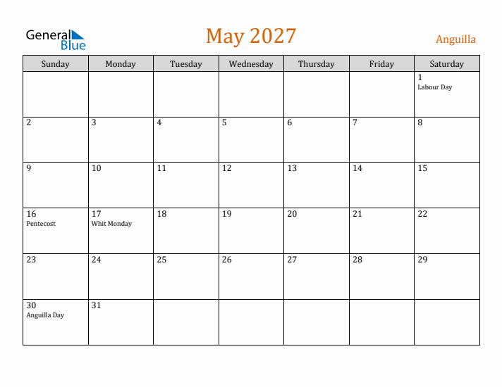 May 2027 Holiday Calendar with Sunday Start