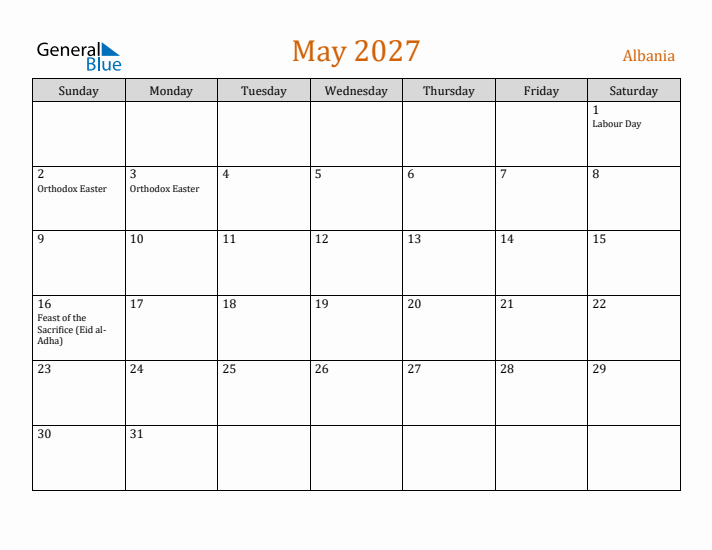 May 2027 Holiday Calendar with Sunday Start