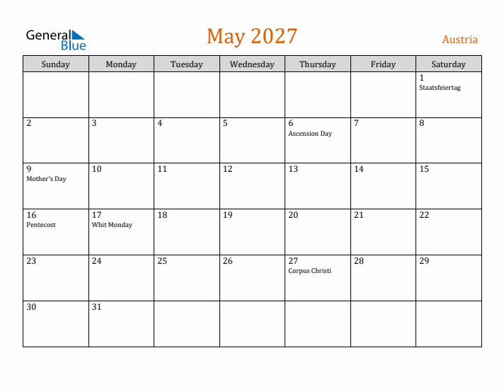 May 2027 Holiday Calendar with Sunday Start