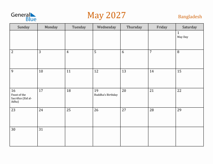 May 2027 Holiday Calendar with Sunday Start