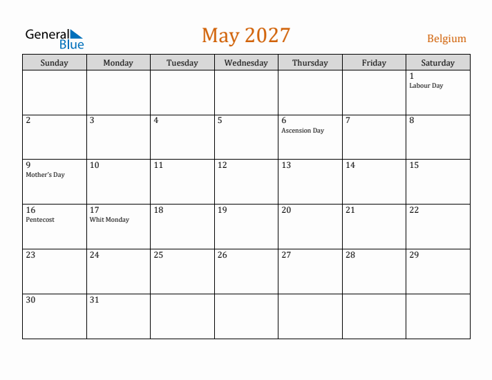 May 2027 Holiday Calendar with Sunday Start