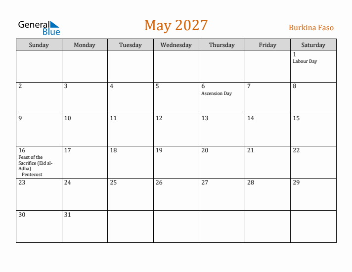 May 2027 Holiday Calendar with Sunday Start