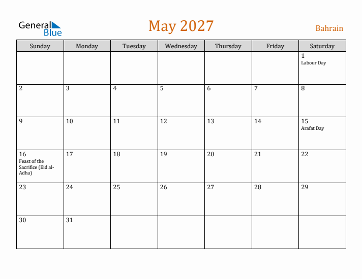 May 2027 Holiday Calendar with Sunday Start