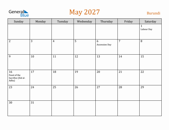 May 2027 Holiday Calendar with Sunday Start