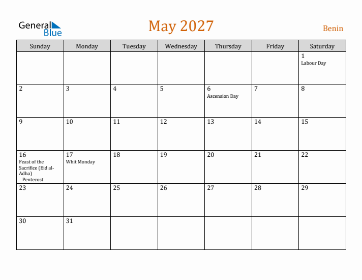 May 2027 Holiday Calendar with Sunday Start