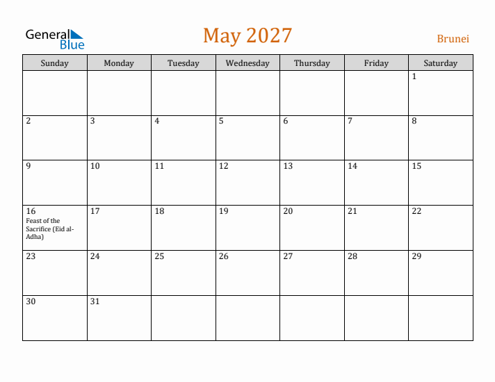 May 2027 Holiday Calendar with Sunday Start