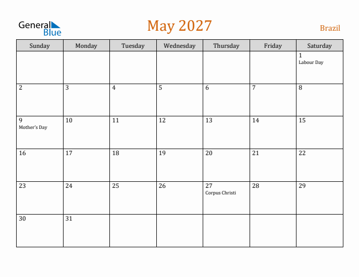 May 2027 Holiday Calendar with Sunday Start