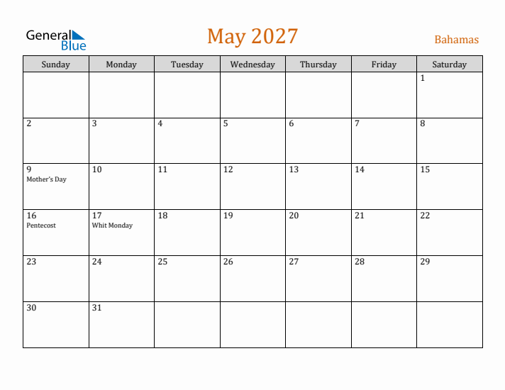 May 2027 Holiday Calendar with Sunday Start