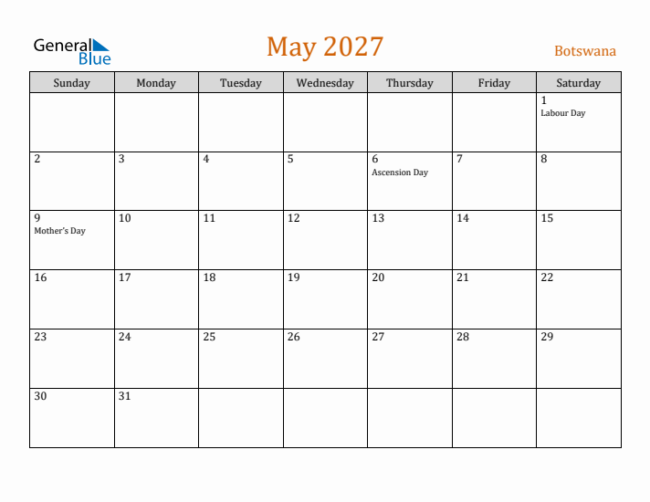 May 2027 Holiday Calendar with Sunday Start