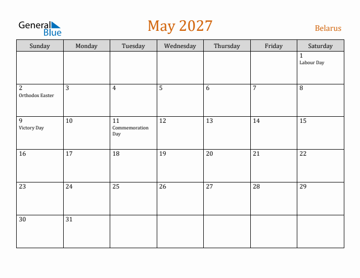 May 2027 Holiday Calendar with Sunday Start