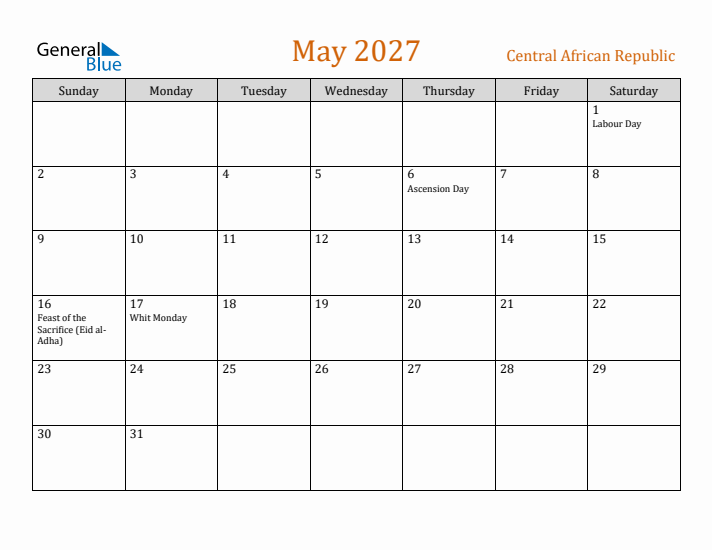 May 2027 Holiday Calendar with Sunday Start