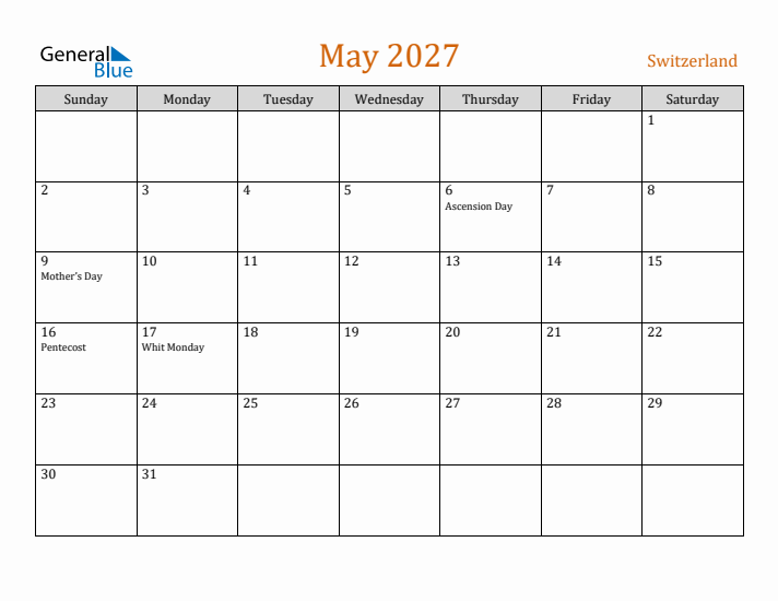 May 2027 Holiday Calendar with Sunday Start