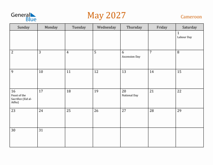 May 2027 Holiday Calendar with Sunday Start