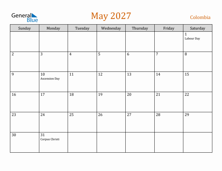 May 2027 Holiday Calendar with Sunday Start