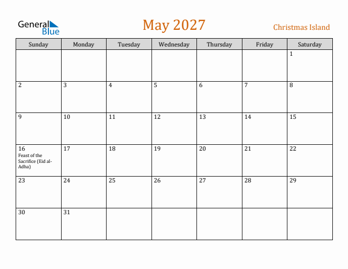 May 2027 Holiday Calendar with Sunday Start