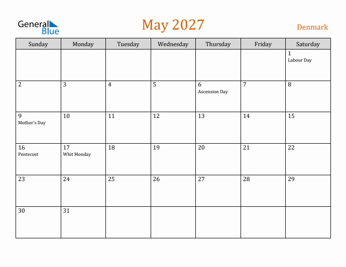 May 2027 Holiday Calendar with Sunday Start