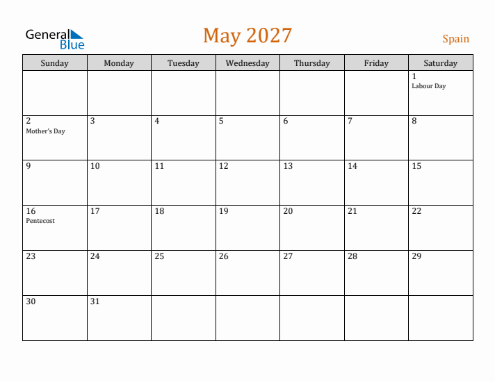 May 2027 Holiday Calendar with Sunday Start